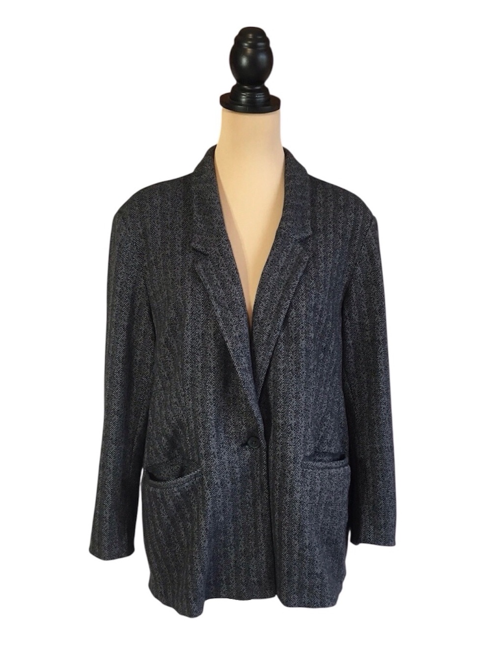 Old Navy Gray Black Herringbone Padded Shoulder Blazer, Petite XL